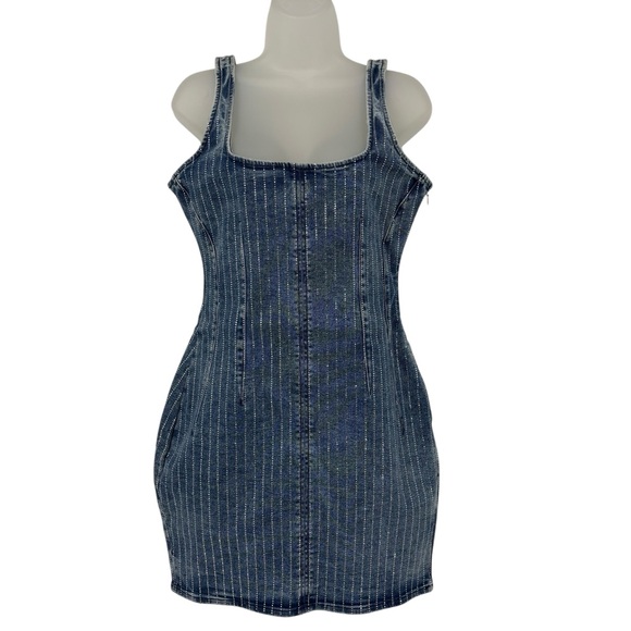 Good American Rhinestone Denim Mini Dress Indigo Blue Bodycon Size Small - Picture 7 of 12